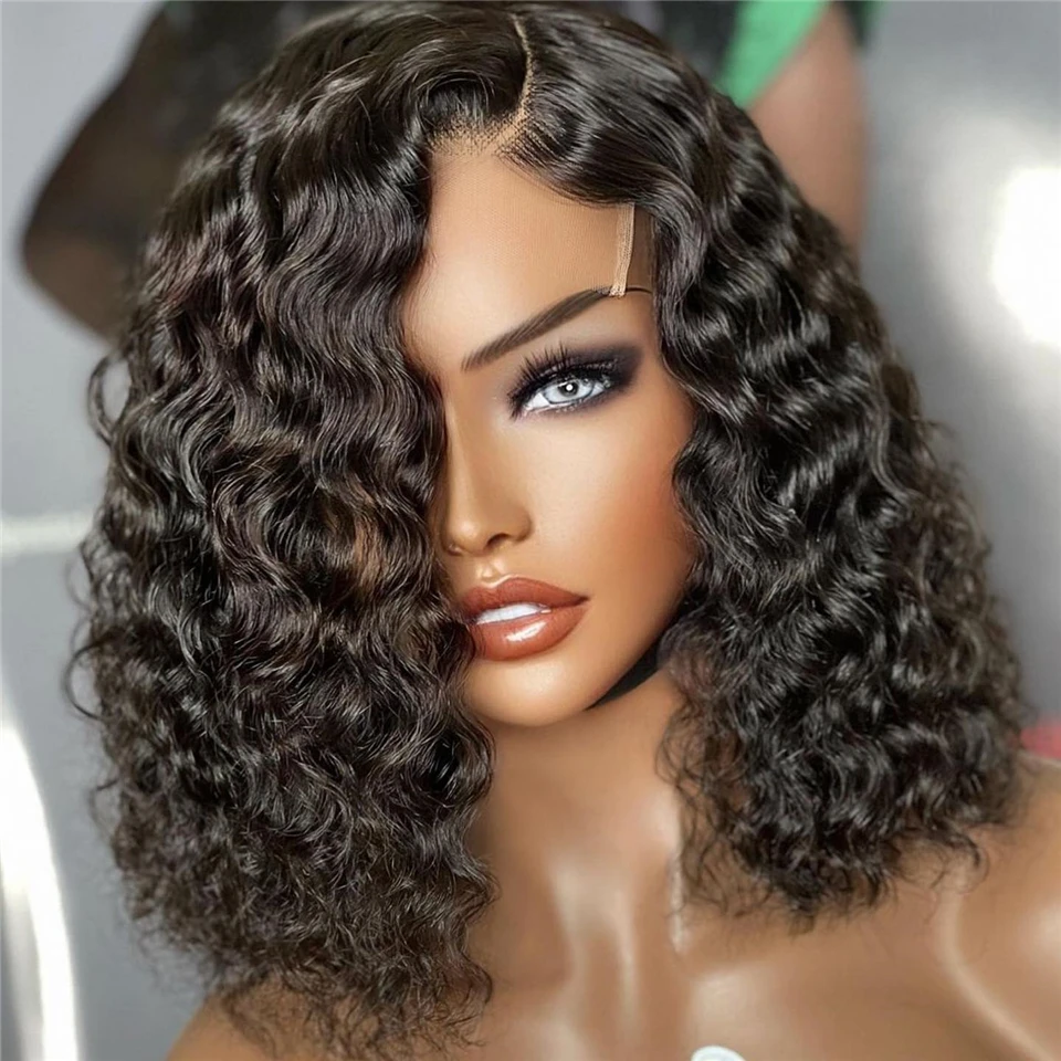 Brazilian Short Bob Wig Deep Wave Human Hair Transparent Lace Front Wigs for Women Remy Hair Pre Plucked Water Curly Closure Wig