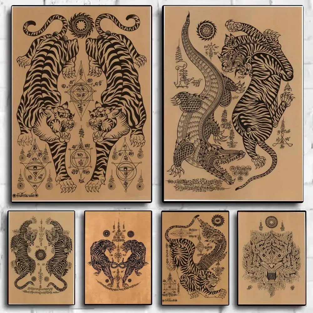 Thai S-Sak Yant Twin Tigers Poster Aufkleber HD wasserdichte Malerei Wandkunst für Schlafzimmer Wohnzimmer Home Decor Dekoration Geschenk