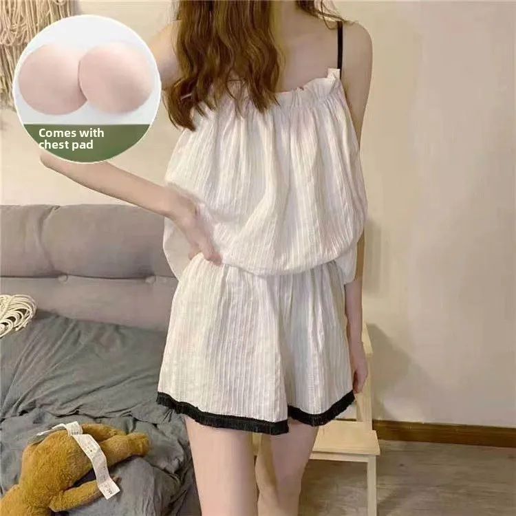 Simple Solid Colour Summer Women  Pajama Sets Lady Ruffles Fashion Homewear Comfortable Camisole Sling Girls Pajama Sets