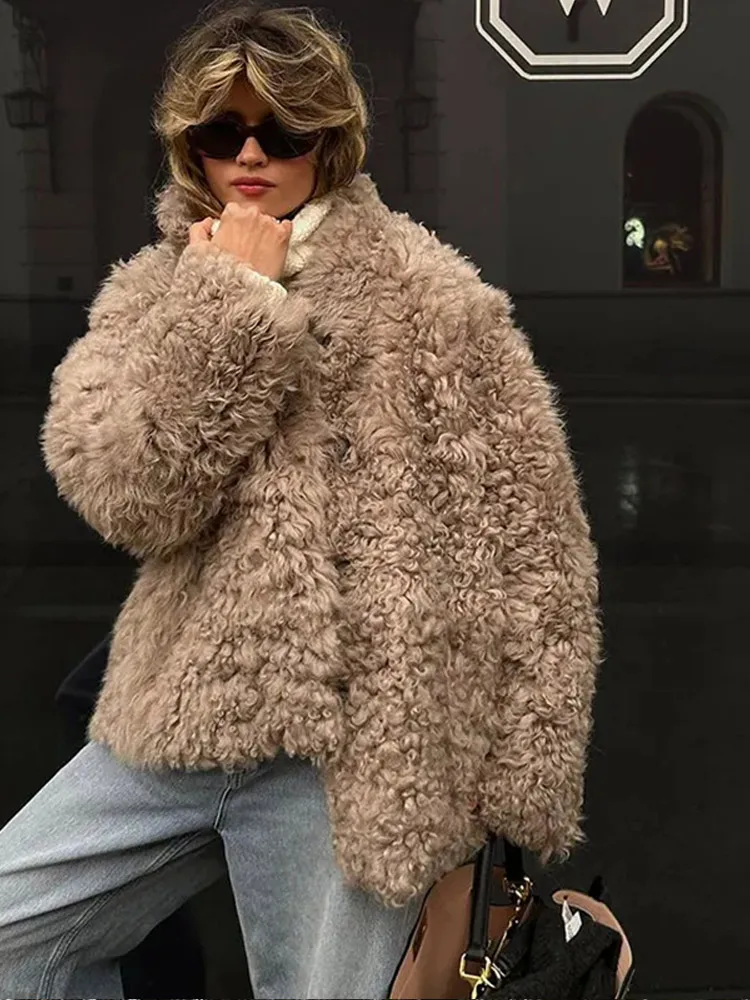 Vintage Faux Fur Coat Women Chic Long Sleeve Stand Collar Pockets Loose Curly Fur Jacket Female Single Breasted Tops 2024 Winter