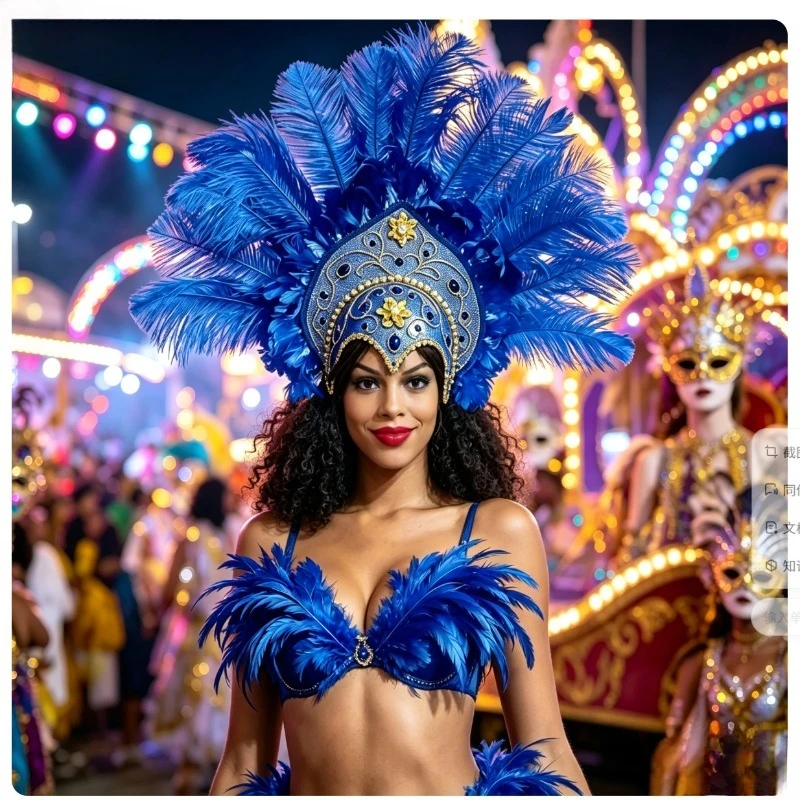 Samba Carnival Ostrich Feather Headdress, Embroidered Rhinestone Hat Feather Headpiece for Brazilian Carnival Parade Costume