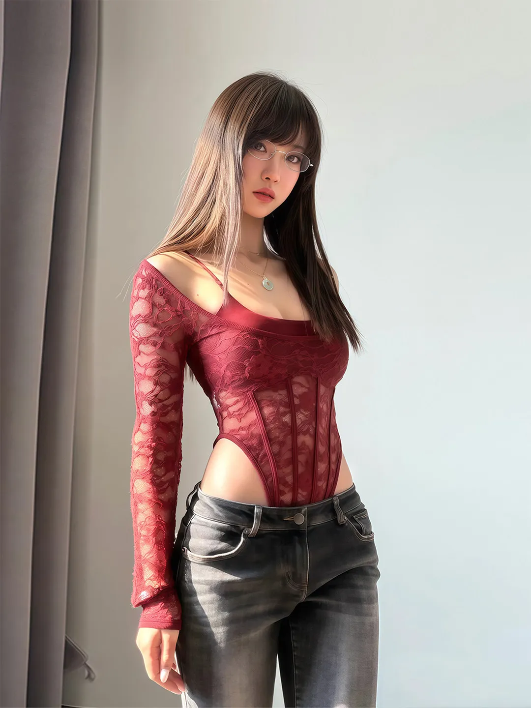 

Sexy Lace Long Sve Onesie with Chest Pad Women's Spring New High Waist Slimming Top Commute Sle Straight Tube Pants