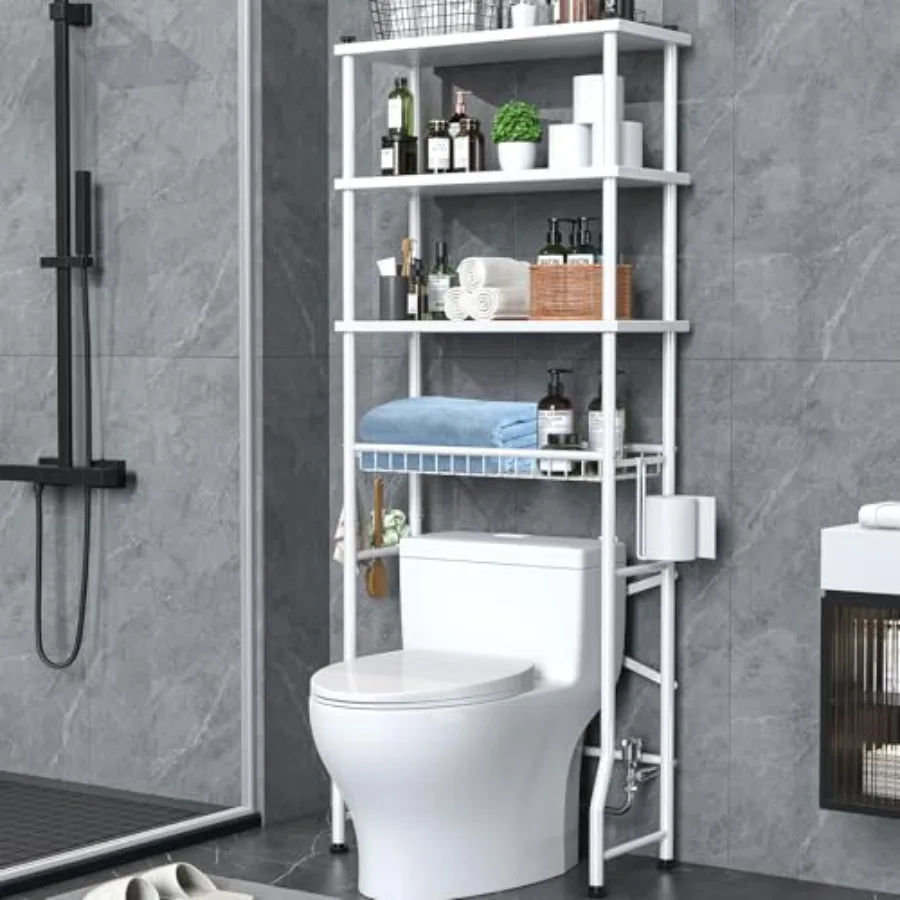 

4-Tier Over the Toilet Storage Shelf White Bathroom Organizer Rack with Adjustable Feet Pad and Basket Freestanding Space Saver