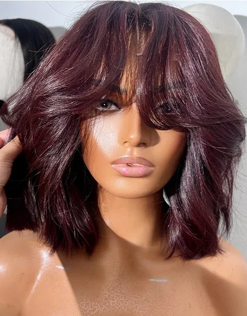 

Парик Jessies 13*5 без клея, готовый к ношению, 99J, красный, волнистый, короткий, прямой крой боб с челкой-шторкой для женщин