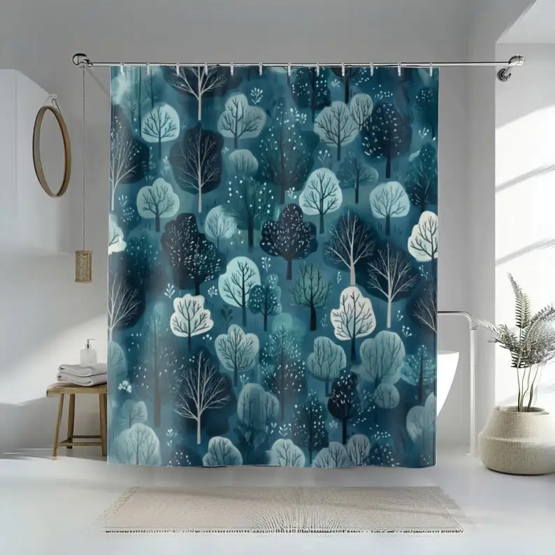 Rideau de douche forêt sarcelle : décor de salle de bain Tranquil Woodland