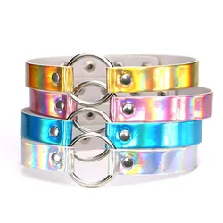 Gothic Neon Color Leather Collar Punk Silver Color Circle Laser Choker Necklace For Women Vintage Ladies Jewelry