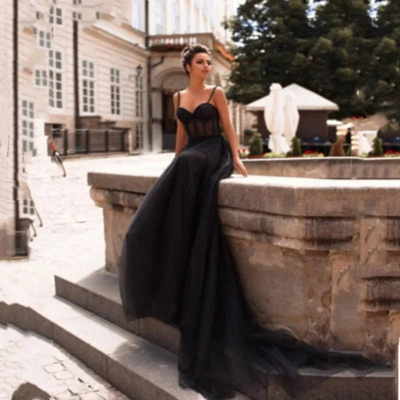 

Aleeshuo Elegant Black Prom Dress Tulle Spaghetti Strap Evening Dresses Backless Sweetheart Wedding Party Gown Prom A-line 2024