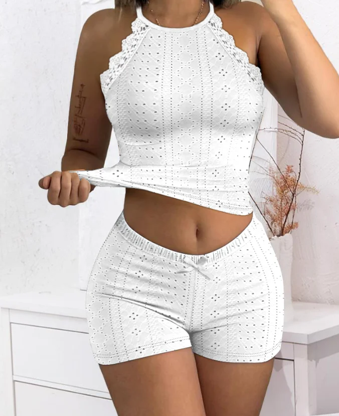 

Two Piece Set Women Outfit 2025 Summer New Solid Color Round Neck Sleeveless Crop Tank & High Waist Casual Home Shorts Set