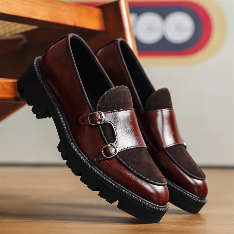 2025 Fashion Men\'s Casual Leather Shoes Men Classic British Style Monk Loafers Mens Slip-on Thick Sole Heightened Shoe Patchwork