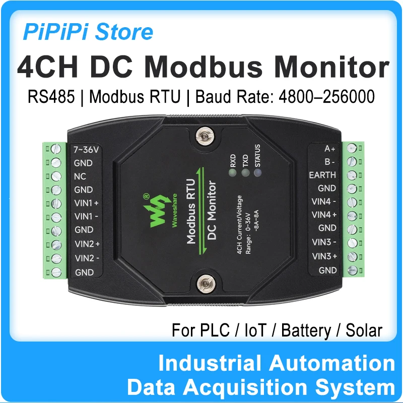 Waveshare Modbus RTU DC Monitor 4CH 16Bit High Precision Isolated Voltage Current Power Sensor 7-36V Wide Voltage DIN Rail Mount