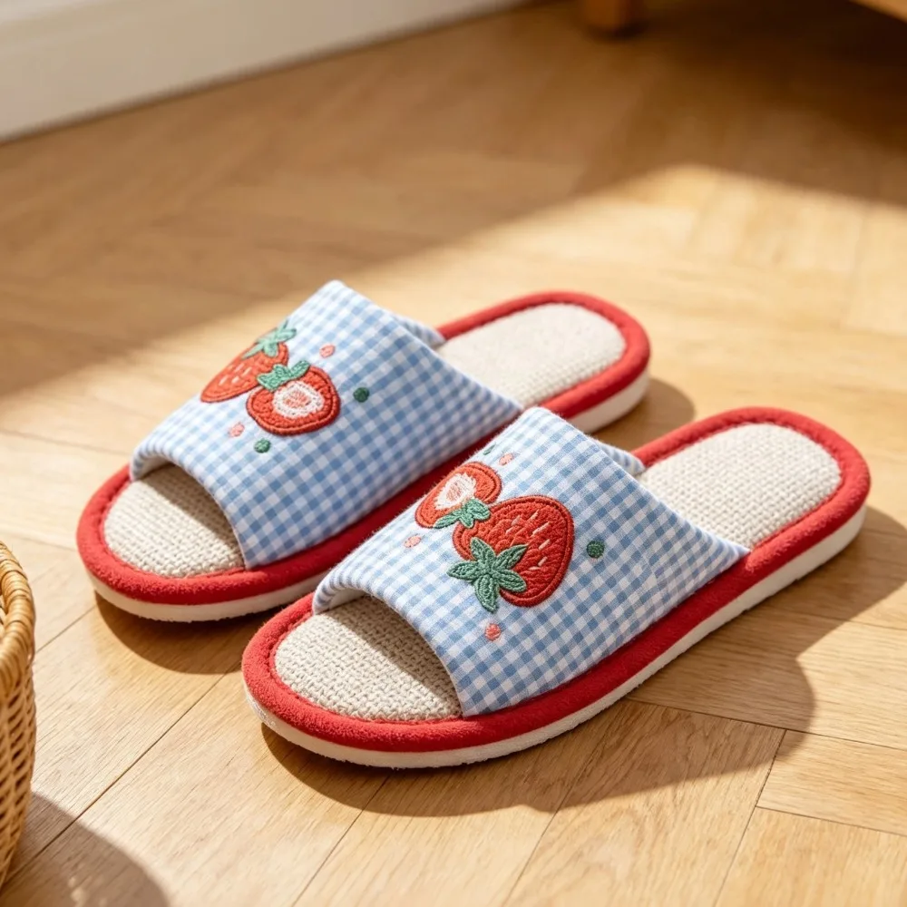 Fruit Embroidery Linen Slippers Women Gingham Plaid Slip‑On Indoor Slippers Breathable Anti‑Slip Home Slipper For Bedroom