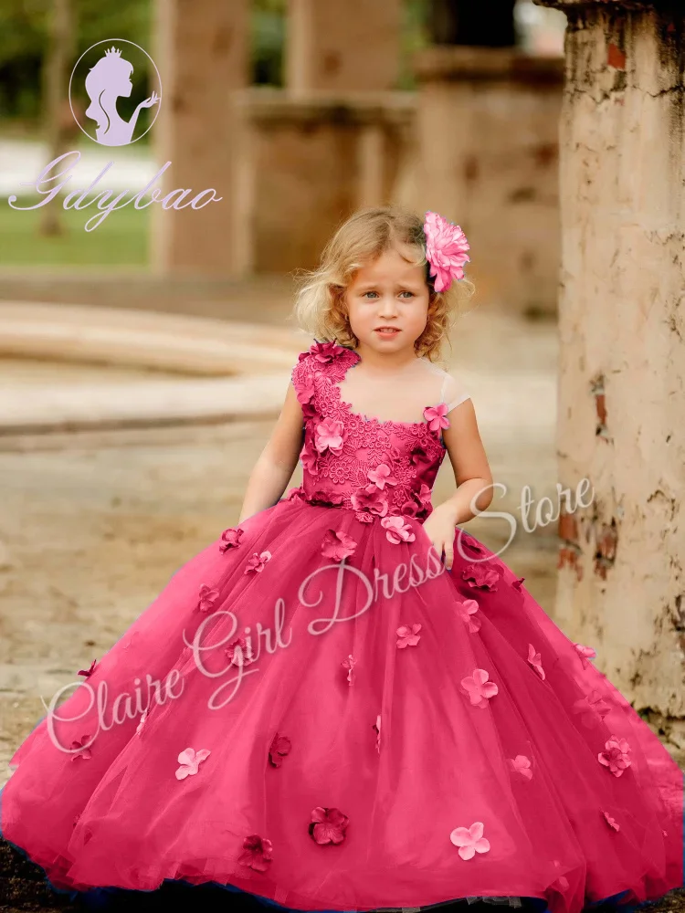 Purple Flower Girl Dresses For Wedding Appliques 3D Flower Backless Lace Tulle Kids Birthday Party First Communiom Ball Gown