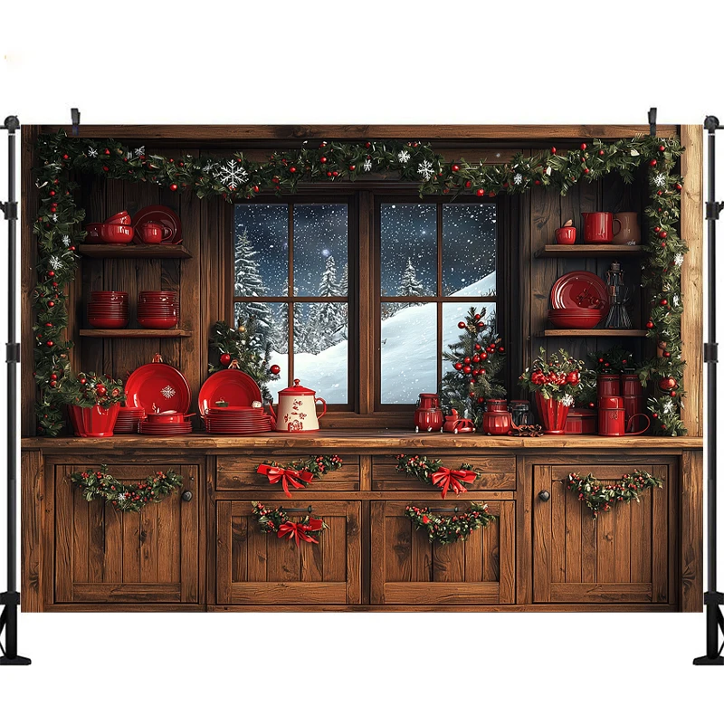 LS Natale Cucina Fotografia Sfondo Finestra di cuoco interna Decorazioni per alberi di Natale Bambini Ritratto di famiglia Sfondo fotografico Studio