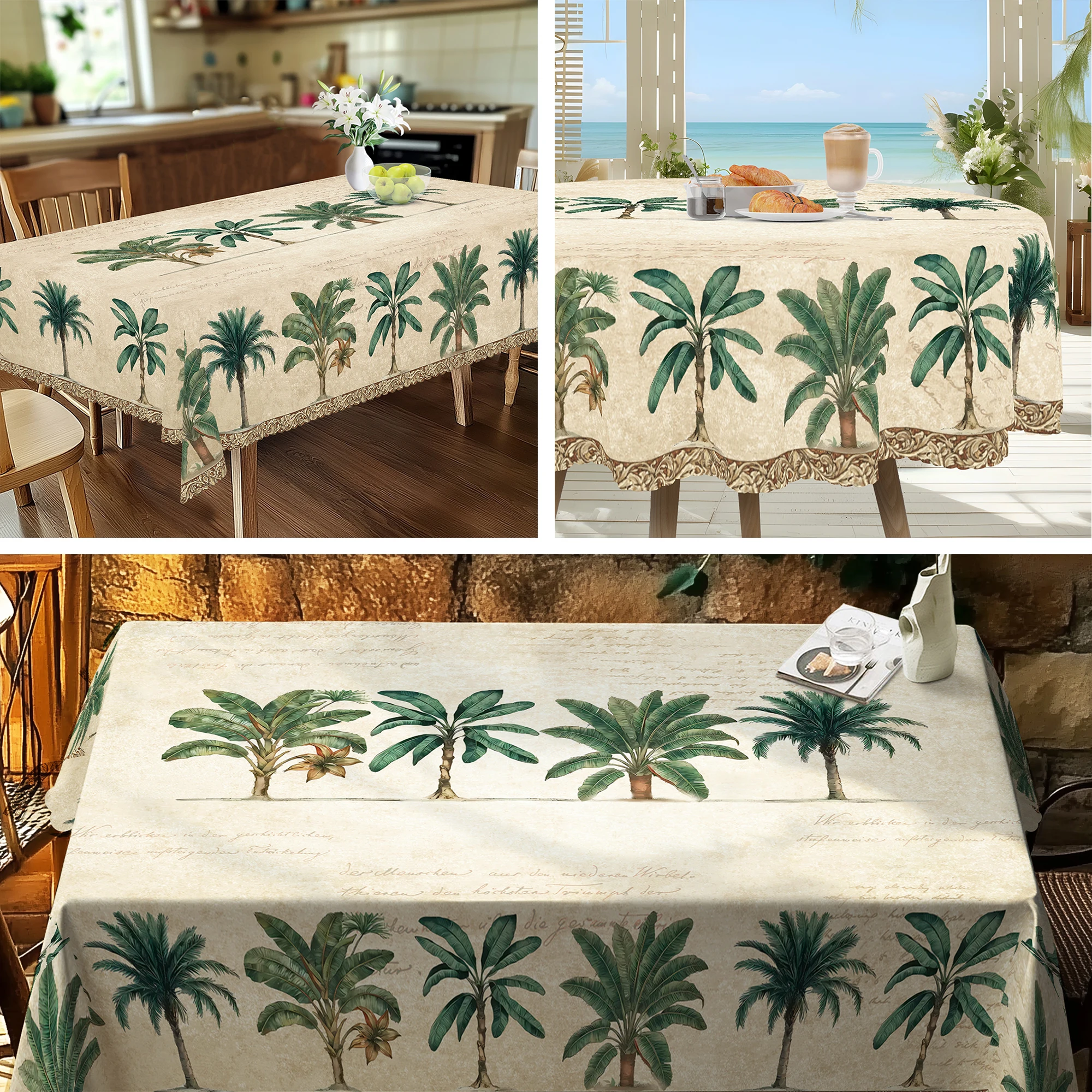 

1pc Tropical Palm Tree Tablecloth, Vintage Green Leaf Table Cover, Round & Rectangular Shapes, Summer Decor