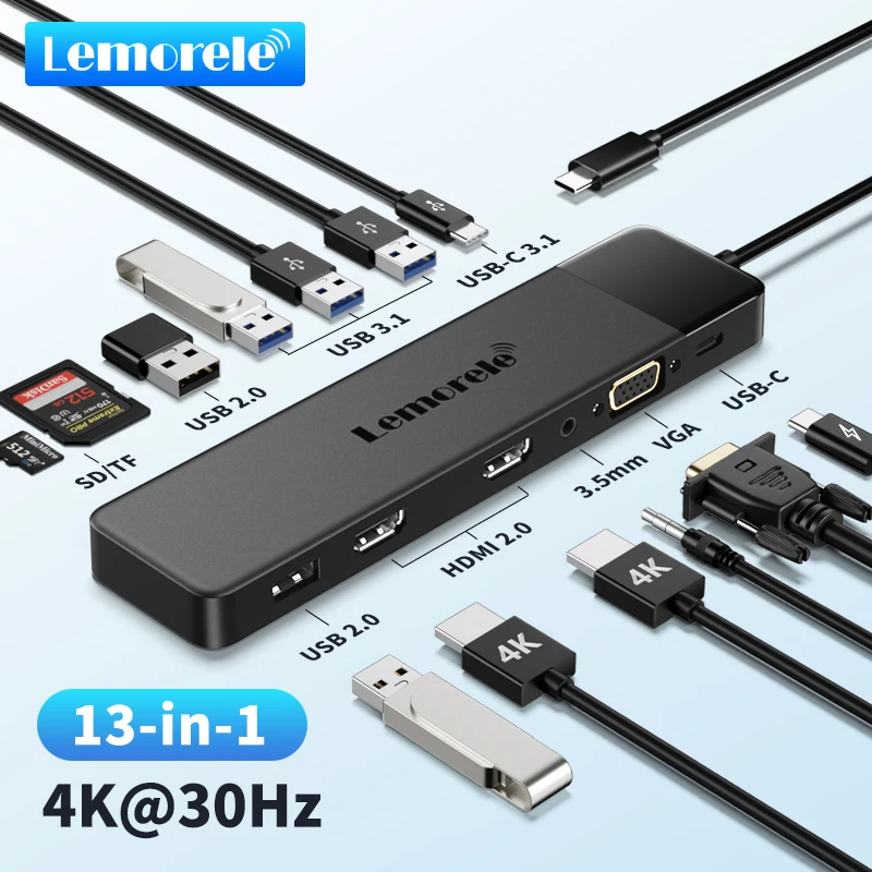 

Lemorele USB C HUB 13-in-1 Docking Station 4K30Hz HDMI USB3.0 PD100W RJ45 VGA SDTF USB Splitter for Laptop Macbook Pro Air iPad