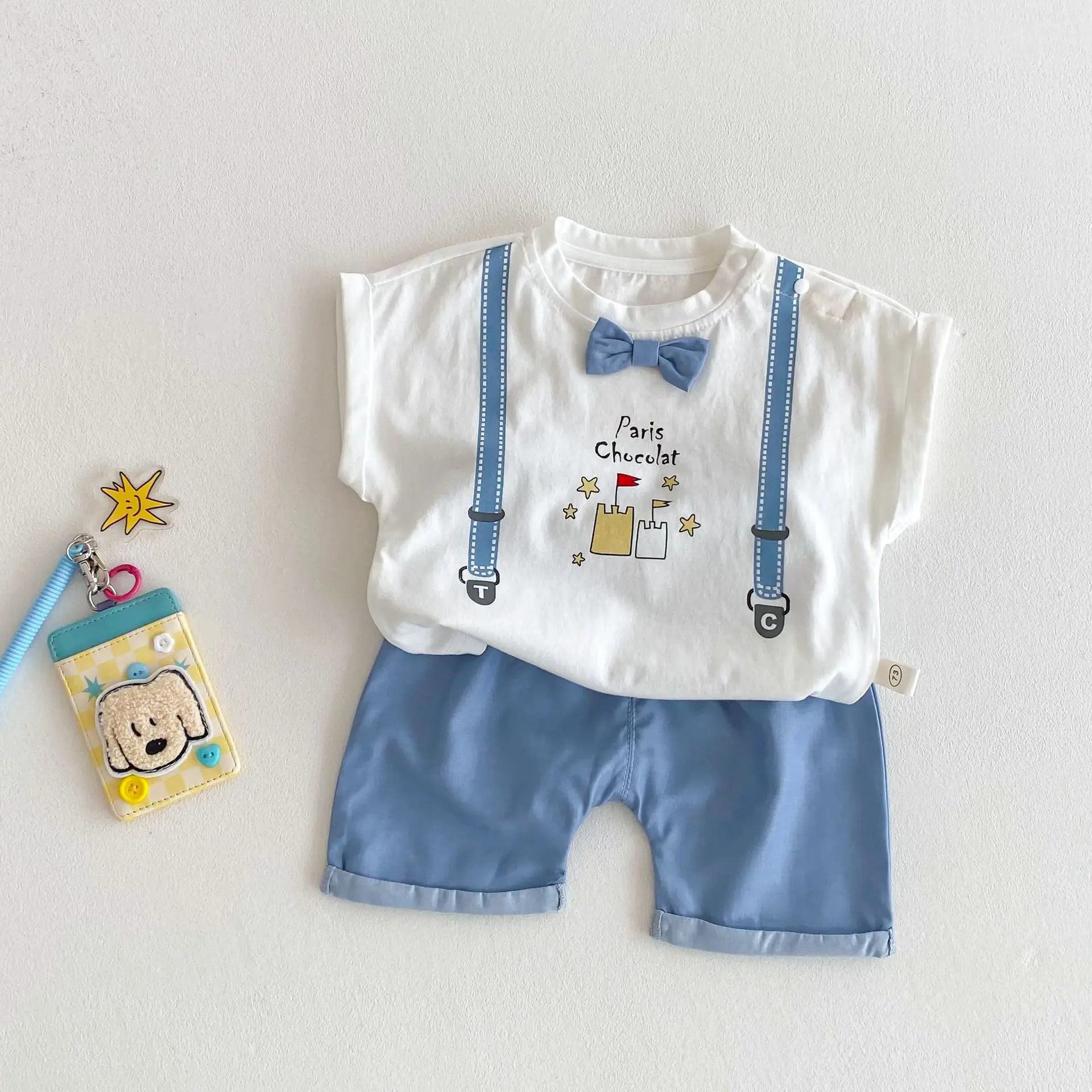 

Children's Cartoon 2025 Summer New Men's Full Version Cartoon T-shirt Solid Color Large PP Pants Two Piece Set Trendy