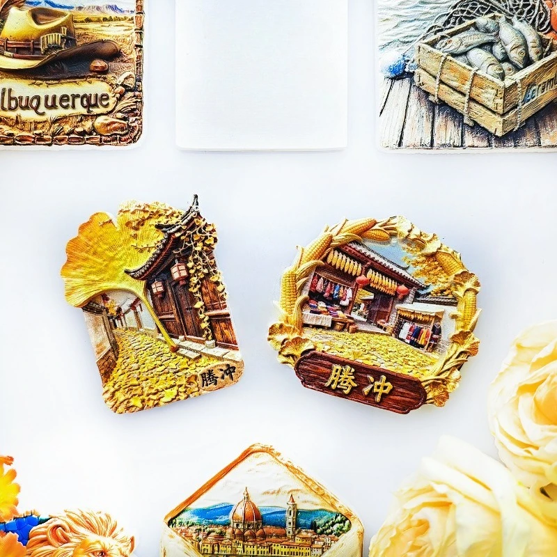 Tengchong Gudong Ginkgo Village Fridge Magnet - 3D Autumn Market Souvenir Golden Leaf & Stalls Decor