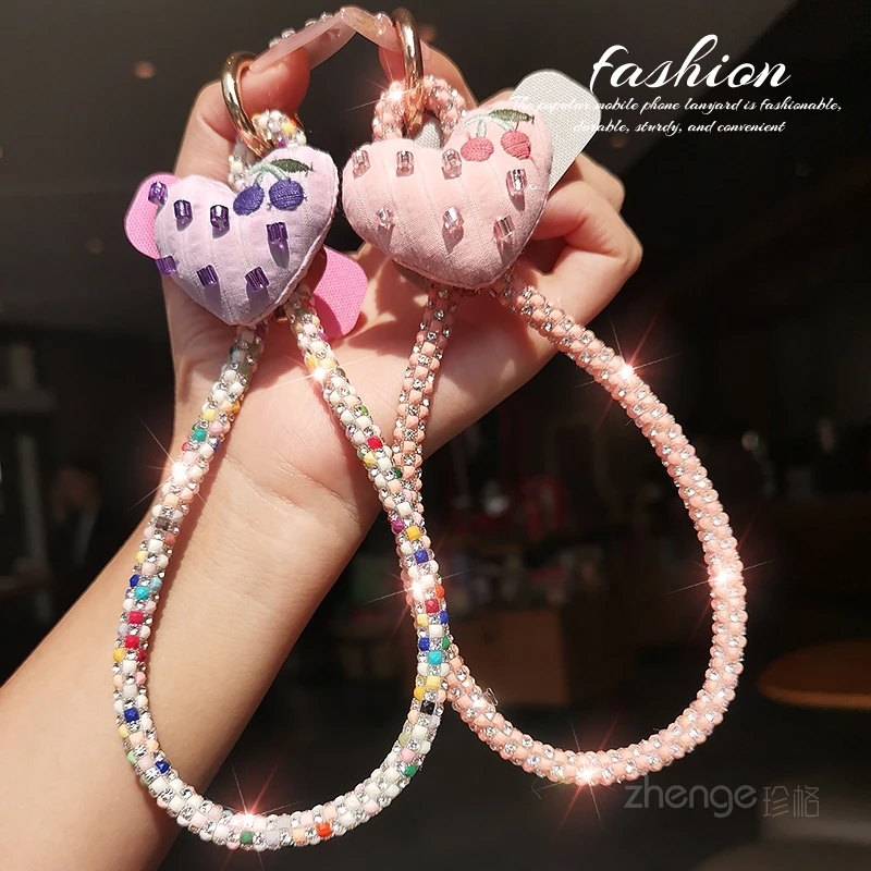 Tali Gantungan Ponsel Cherry Heart Tali Pergelangan Tangan Pendek, Tali Gantungan Casing Ponsel Anti Jatuh untuk Luar Ruangan Produk Baru