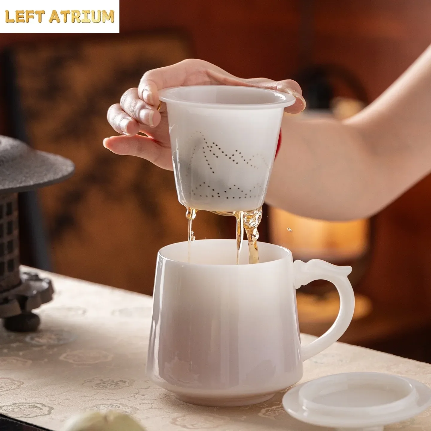 Pu Jade Porcelain Office Cup Dehua White Porcelain Mug Household Tea Separation Filter Cup for Elders and Leaders Mug Coffee Cup