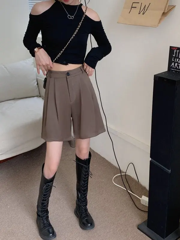 

Khaki Color Suit ort Pants Women Winter Thin Loose Casual Wide Leg High Waist Straight A-Line Slimming Five-Point Pants