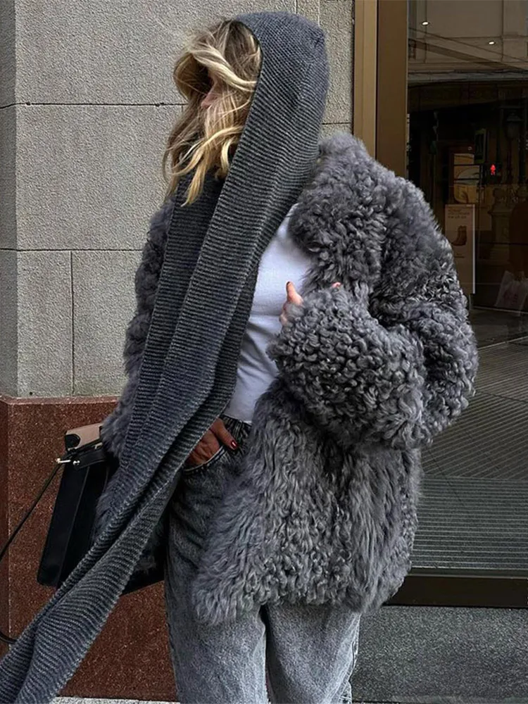 Fashion Grey Teddy Faux Fur Lapel Coat For Women Thick Warm Long Sleeve Short Jacket 2024 Autumn Ladies Commuting Outerwear