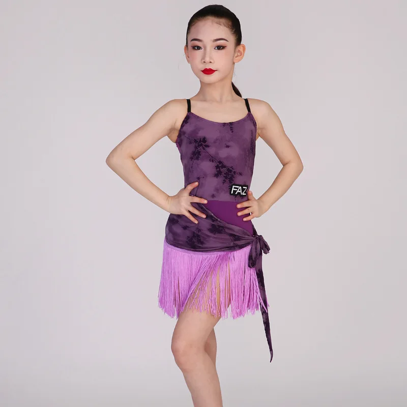 

Customized Latin Dance Suit Practice Dress Girls' Competition Performance Dress Purple Printed Fringe Latin Skirt Jumpsuit Set