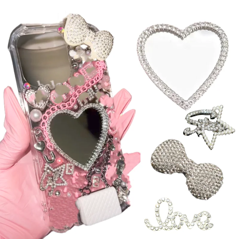 One Set Metal Full Diamond Bow Heart Mirrow Hollow Star Love Junk Phone Case Decoration Charm Accessories Flat Back DIY Craft