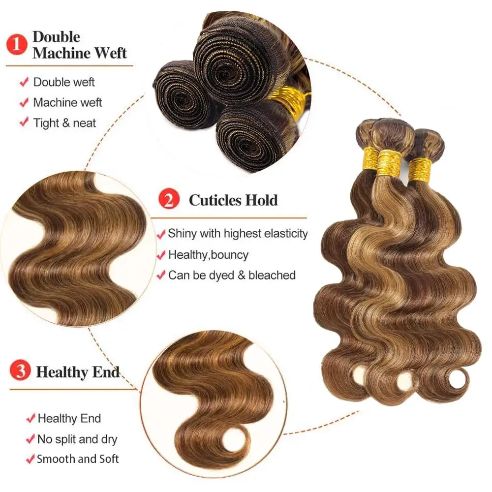 16A 4/27 ボディウェーブハイライト人毛束 100% ブラジル産レミーヘアエクステ カラーオンブレハニーブロンド束 女性用