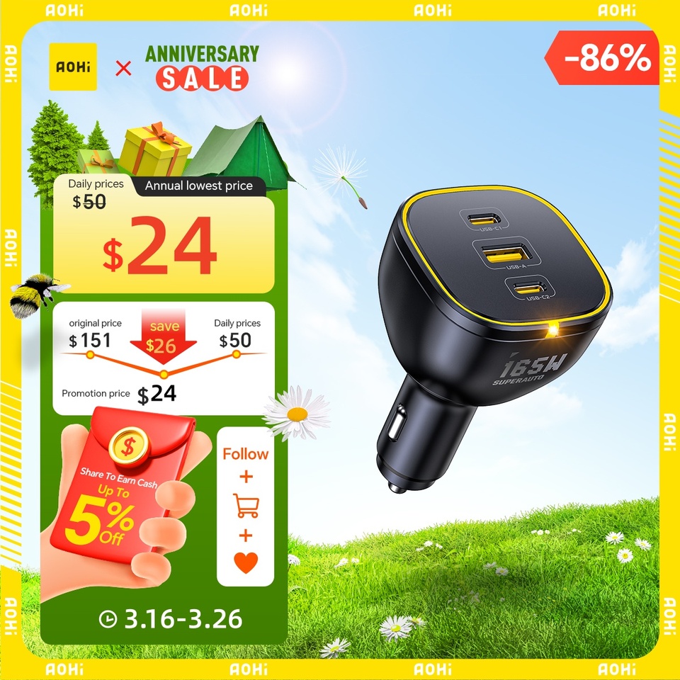  AOHI SUPERAUTO PD 165W Fast Car Charger USB C Car Charger Adapter Compatible with iPhone 16  Galaxy S23 Ultra iPad MacBook 
