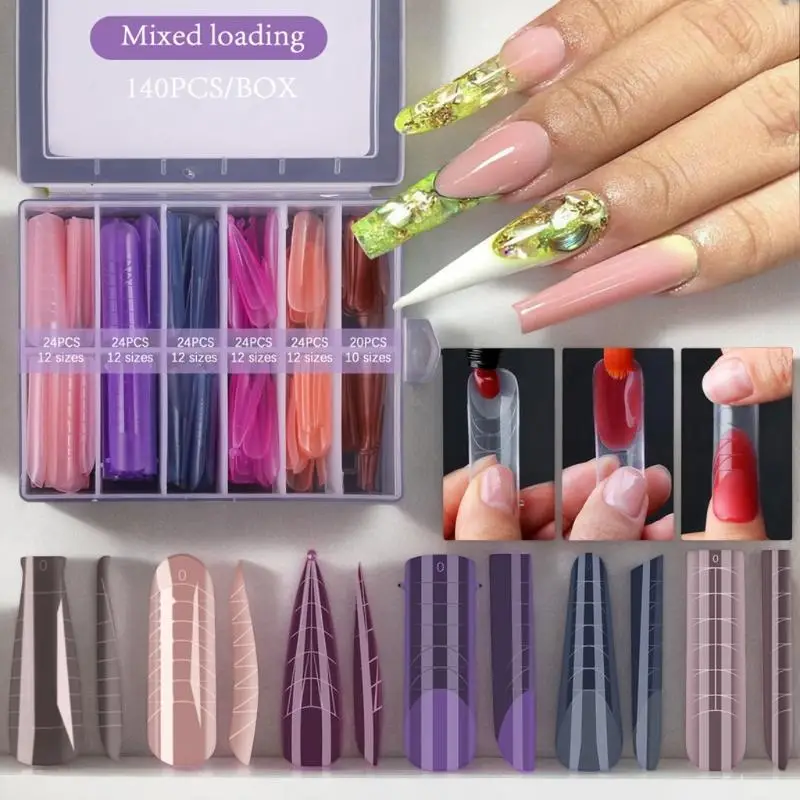 Ensemble de formes d'ongles colorées, 140 pièces/boîte, formes complètes d'ongles, moules supérieurs pour ongles, formes d'extension de Gel, outils de faux moule de construction