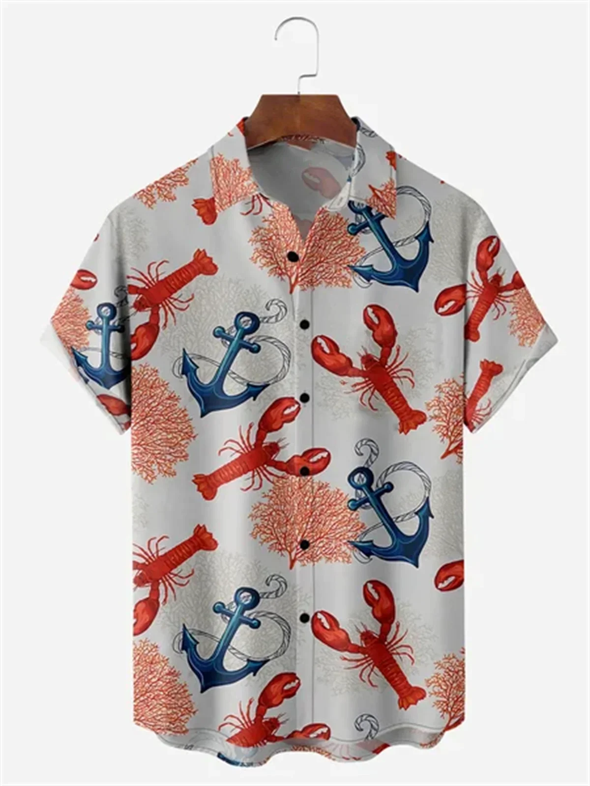 Camisa havaiana com estampa de lagosta masculina, elegante e casual, férias de praia, verão, 2024