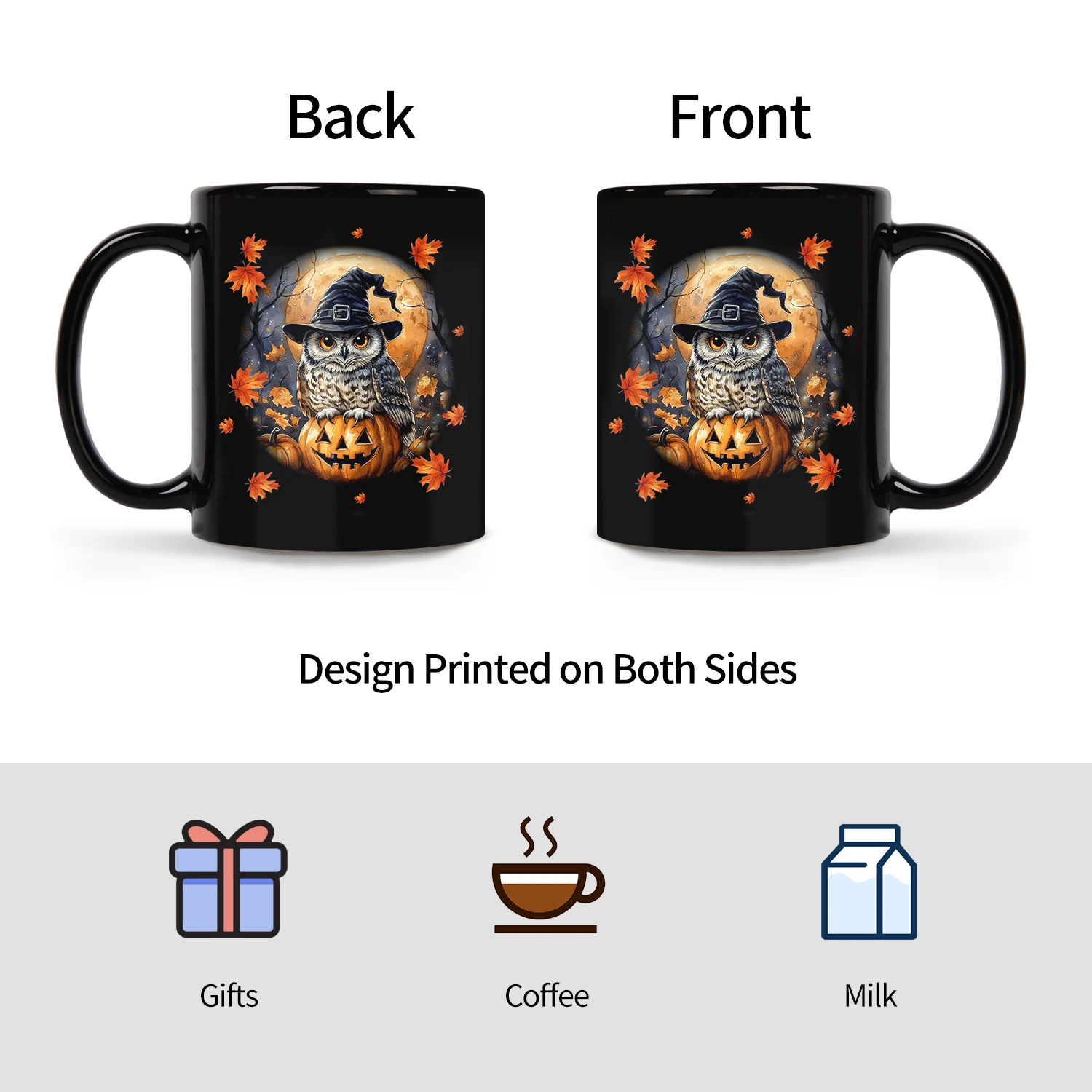 1pc,Owl Witch and Pumpkin Halloween Mug,maple leaves 11oz Ceramic Coffee Cups, Novelty Halloween Gifts (Black)