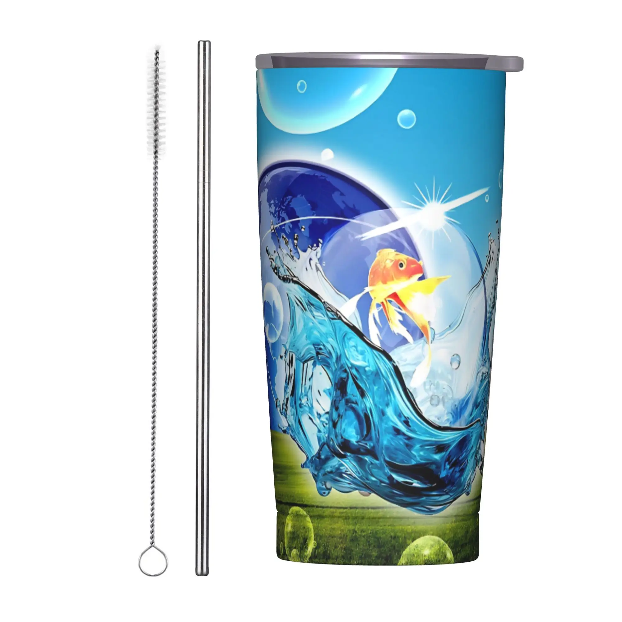 

Frutiger Aero Blue Insulated Tumbler with Straws Lid Stainless Steel Thermal Mug Double Wall Bottle Cups, 20oz
