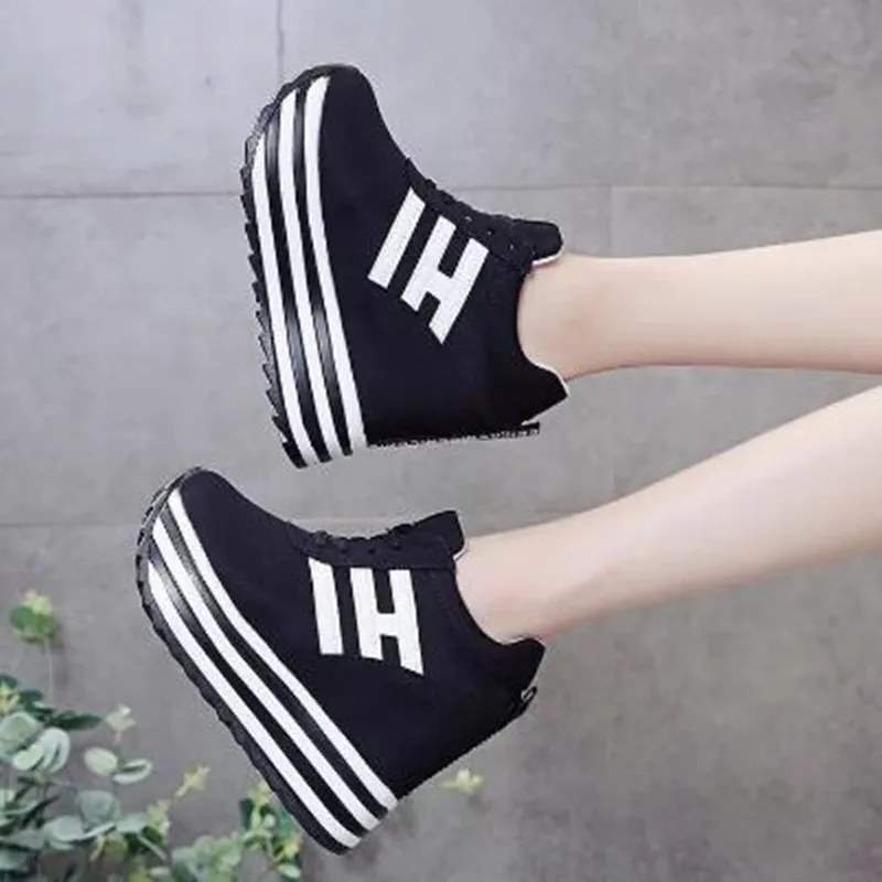 2024 Women Sneakers Fashion Women 10CM Height Increasing Breathable Lace-Up Wedges Sneakers Platform Canvas Woman Casual Shoes