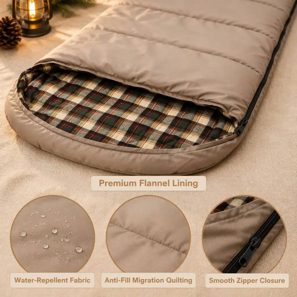 Rectangular Sleeping Bag, Polyester Tartan Plaid Interior, 3 Season Warm Envelope Camping Gear for Adults Outdoor Use