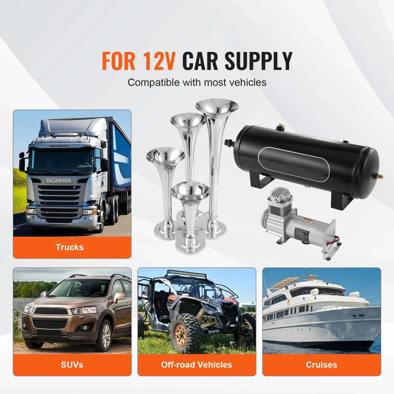 Train Horns Kit 4 Trumpet Air Horn Kit 150dB Train Horns 12V 120 psi Air Compressor for Car Truck Train Van Boat Pickup view 5