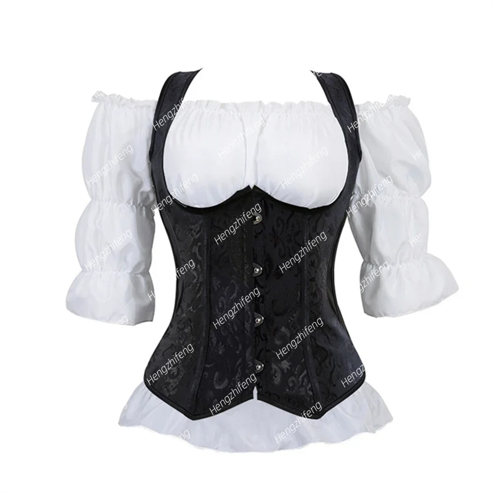 

Woman Corset Gothic 2 Piece Outfits Steel Boned Underbust Waist Cincher Corsets Straps Corselet Vest Bustier with Blouse Set