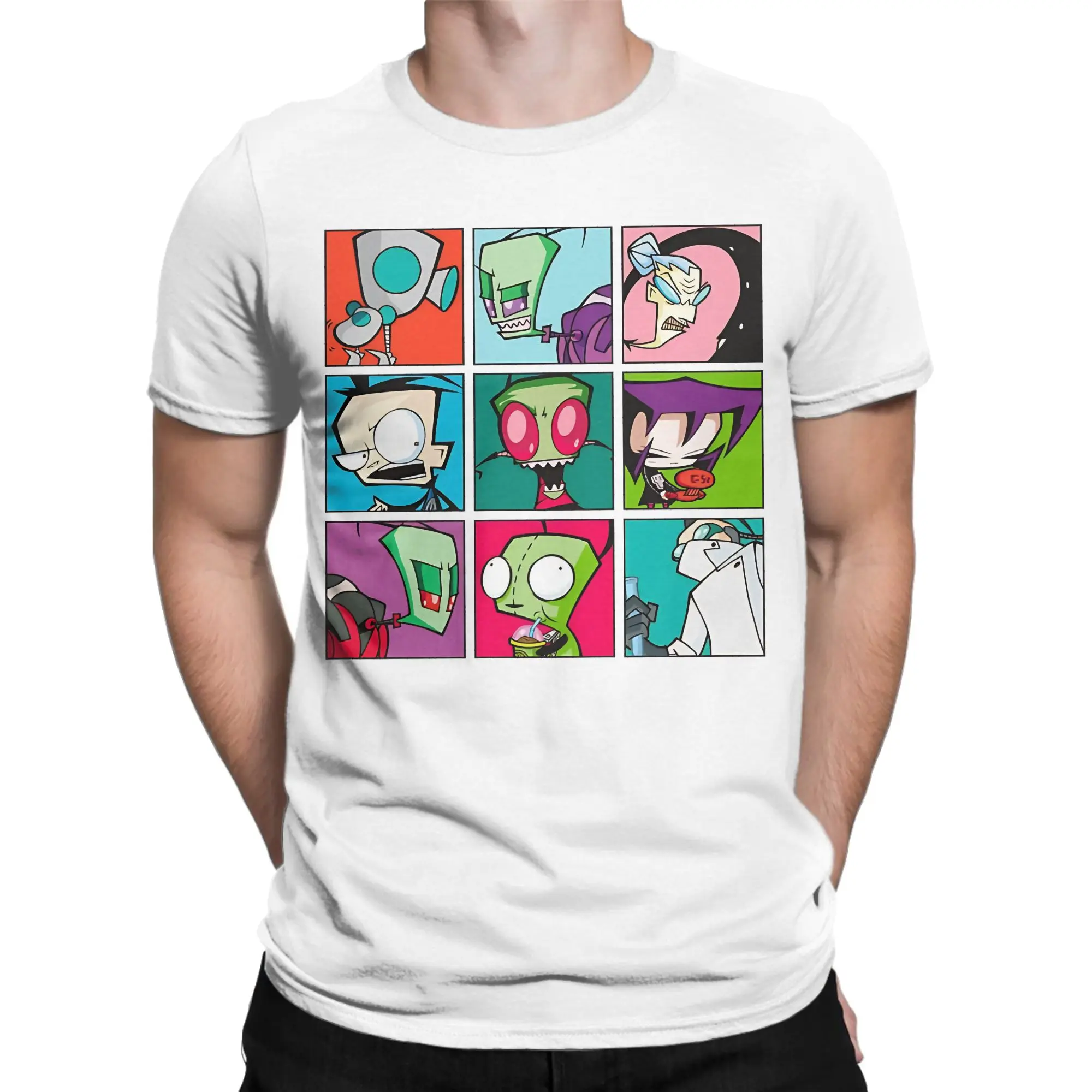 Vintage Characters Color Pop Box Up T-Shirts Men Crewneck Cotton T Shirts Invaders Zims Short Sleeve Tee Shirt 6XL Clothing