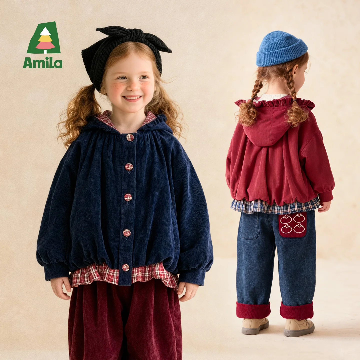 Amila 2026 Kids Winter Children's Hooded Jacket With Plaid Patchwork Collar And Button Embellishment At The Hem Thickened Warm