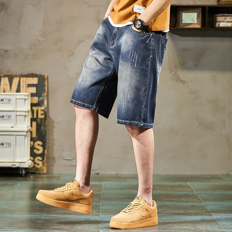 New Plus Size Loose 5-Pocket Denim Shorts Men's Distressed Casual Summer Mid-Length Trousers