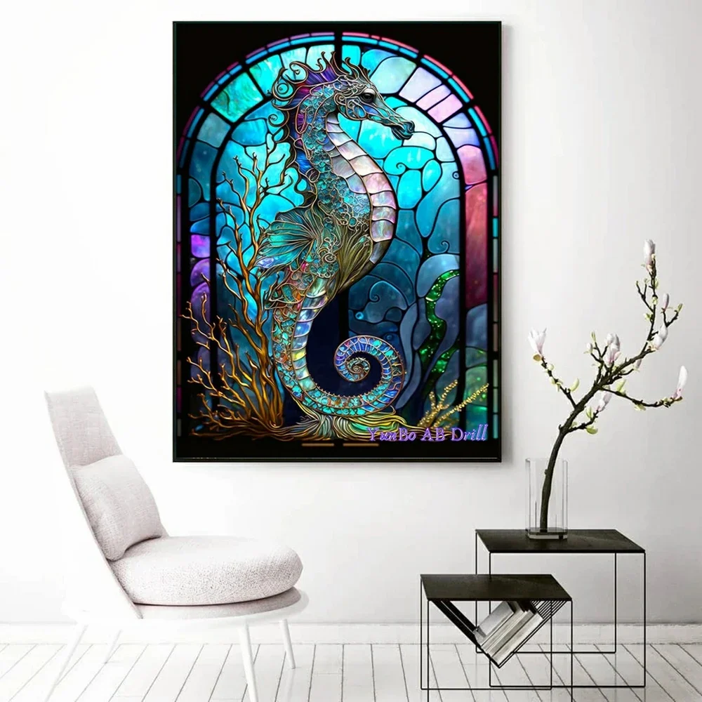 AB Drill Stained Glass Marine Animal DIY Full Diamond Painting Kits Wall Home Decor Seahorse Eel Shark Crafts Rhinestone Mosaic