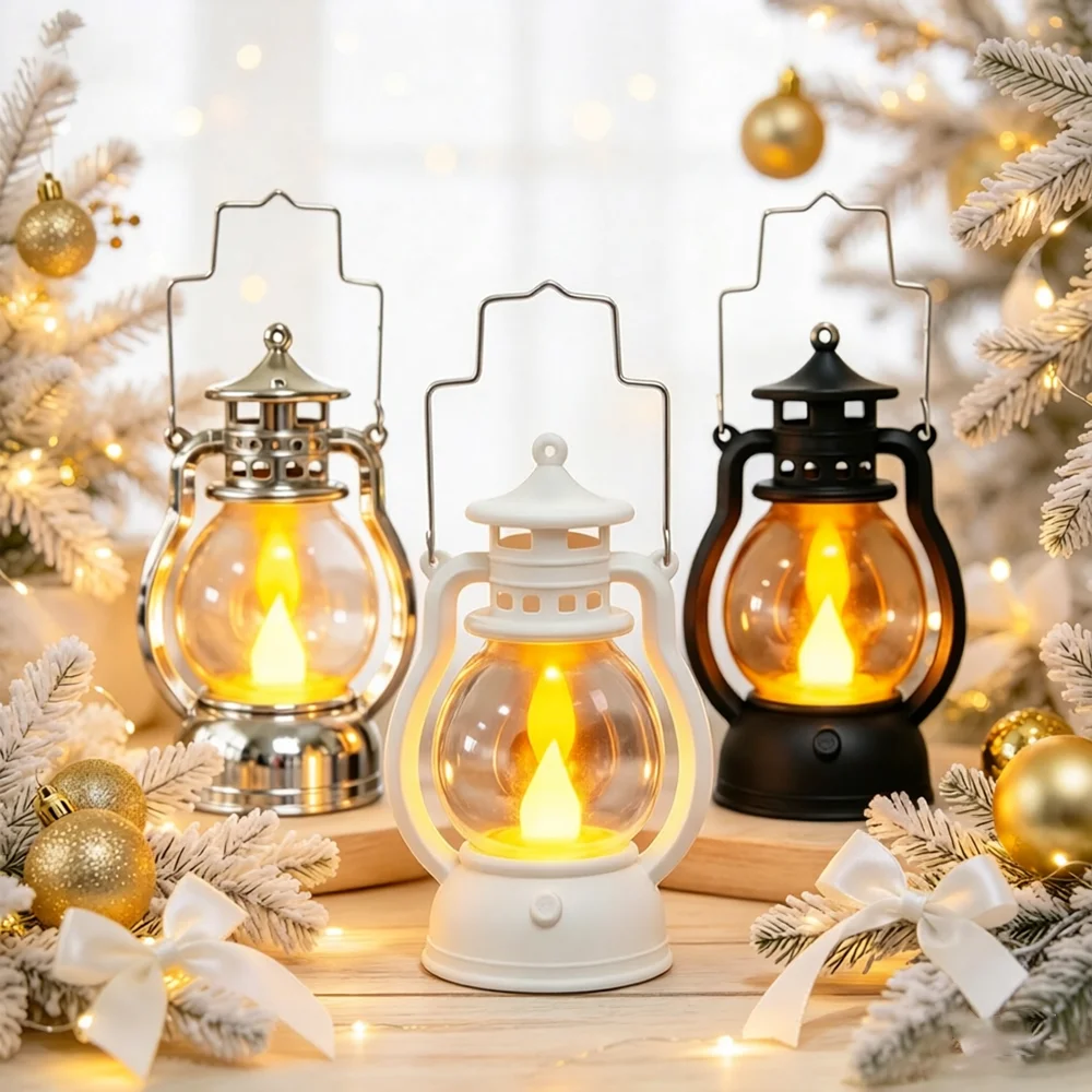 1pc Simulated Oil Lamp Night Light, Warm Yellow Light, with Handle, Desktop Christmas Decor Light for Home Display and Photo Pro