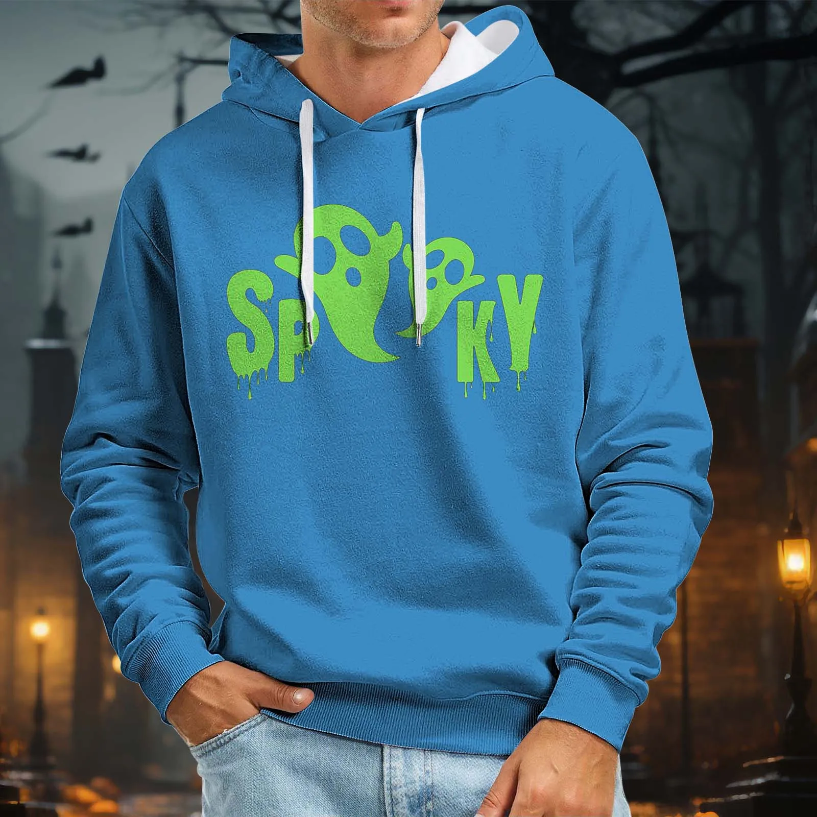 Men's Halloween Long Sleeved Spooky Ghost Hooded Sweatshirt Men'S Casual Unique Outdoor Hooded Sweatshirt Without Pockets