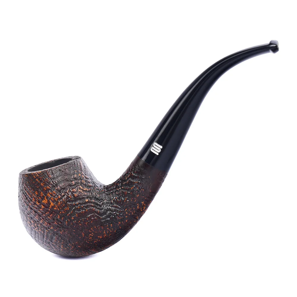 Briar Wood  Tobacco Pipe Bent Apple Sandblasted Curved Tapered Acrylic Mouthpiece 9mm Carbon Filter Smoking Pipe