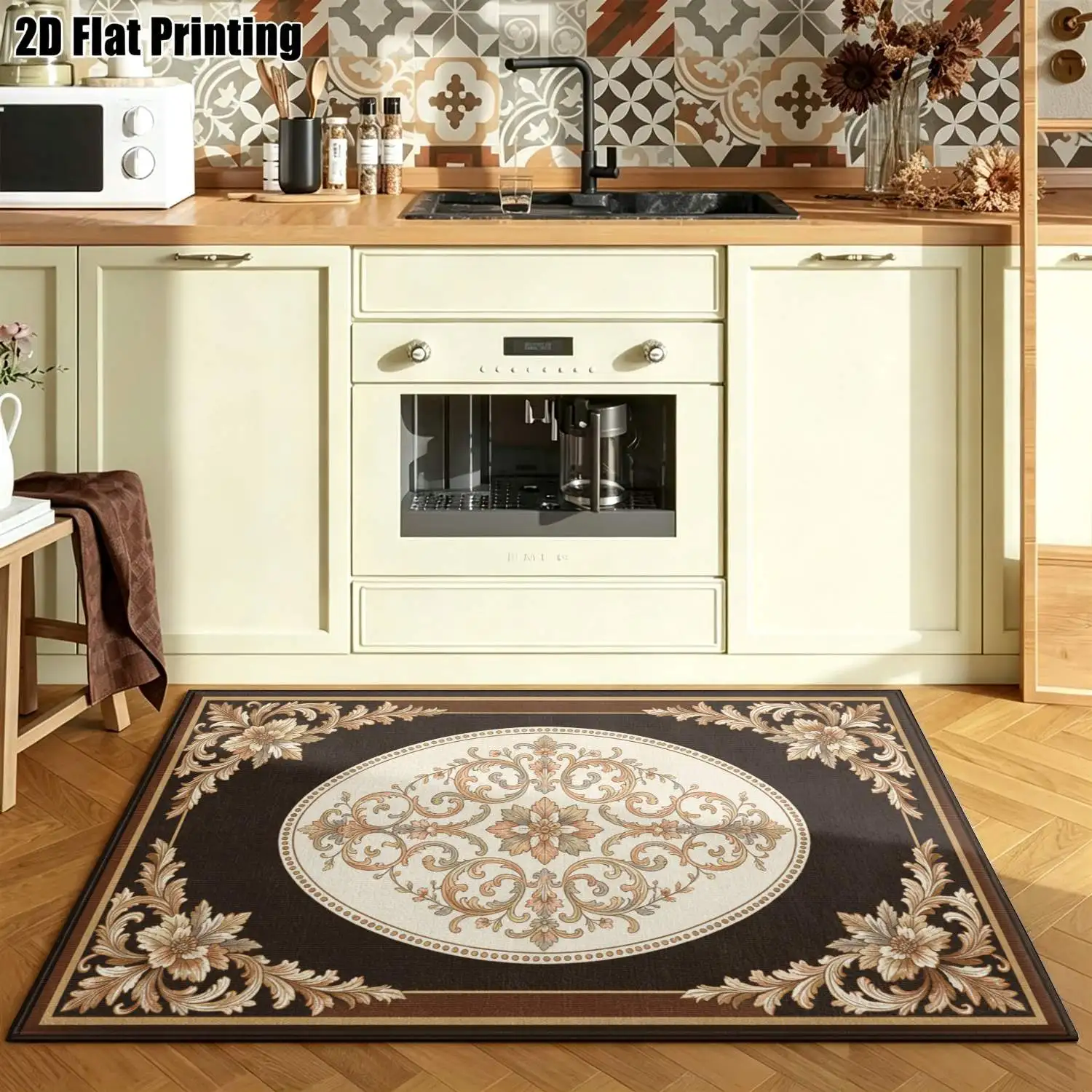 1Pc 2D Printed Carpet: Brown-White Floral Vine Patterns, European Vintage Geometric Style, Home Decor, Multiple Sizes, Machine Washable, for Entryway, Dining Room, Foyer, Living Room, Bedroom