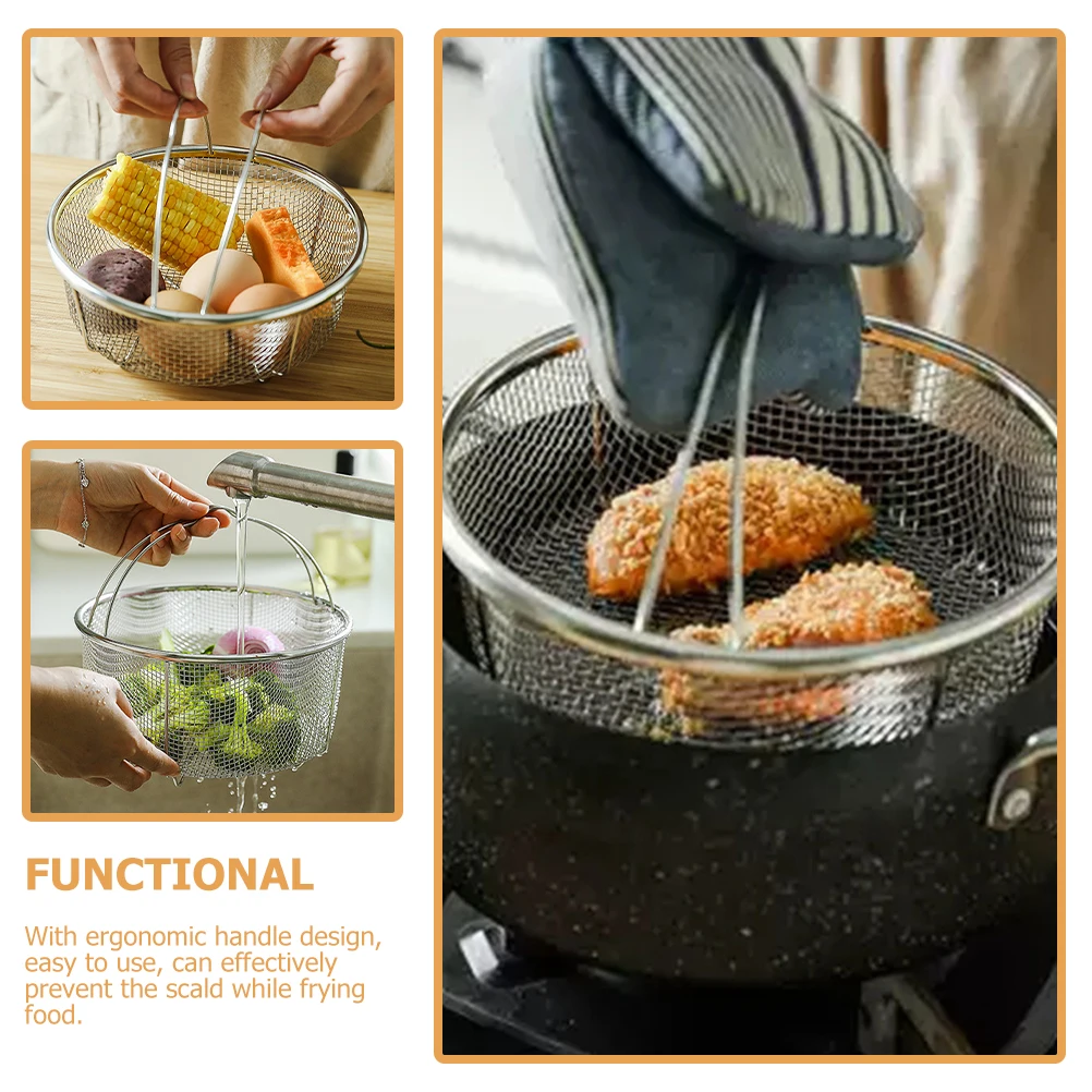 

2pcs Handheld Steam Basket Stainless Steel Frying Strainer Kitchen Gadgets Drain Fry Food Chip Baskets