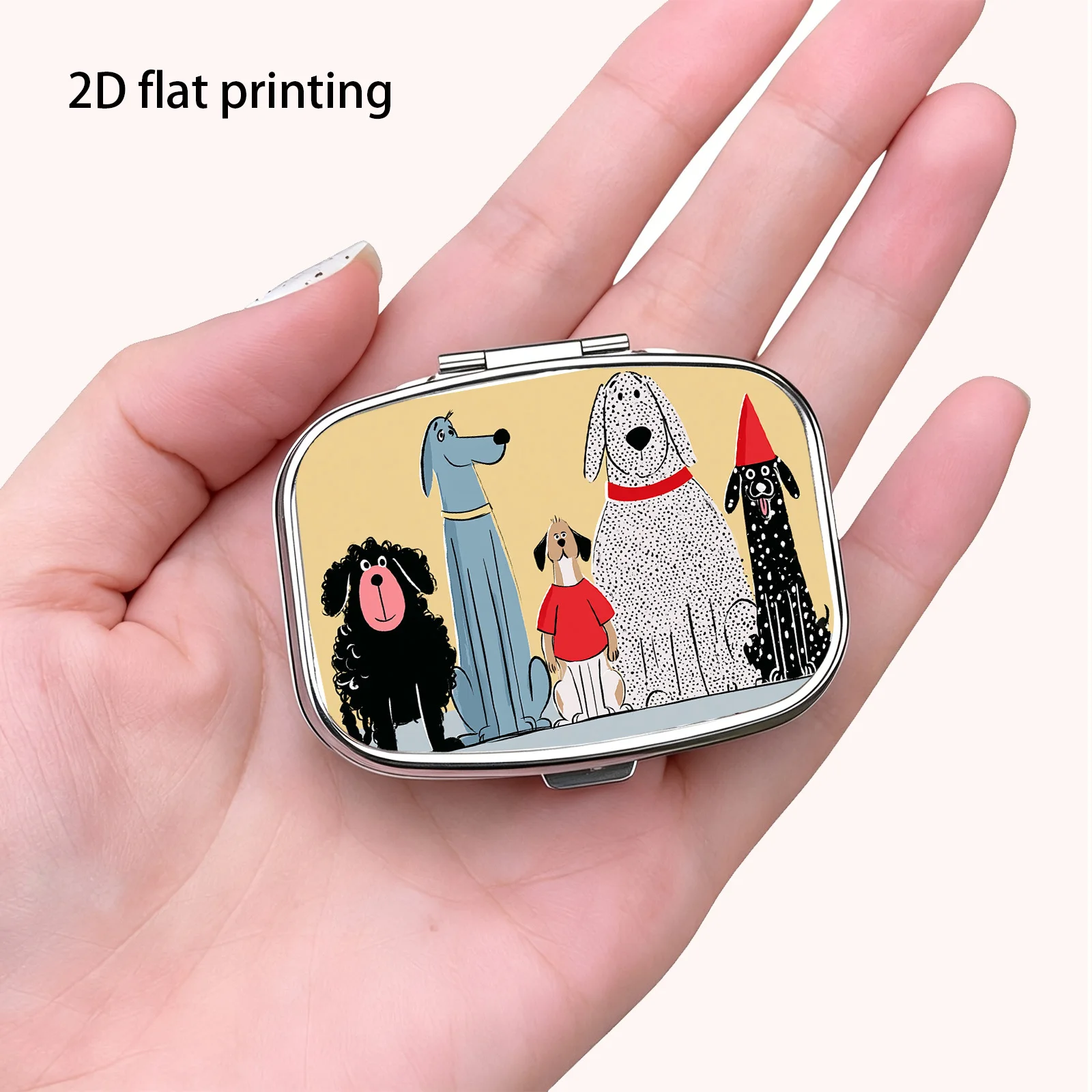 1 Piece, Flat, Retro Cartoon Hand-Drawn Cute and Fun Side-By-Side Puppy Illustration Pattern, Square Double-Compartment Small Pill Box, Portable Medicine Storage Box, Small Jewelry Storage Box, Suitable for Placing in Pockets, Handbags, or for Travel, a Great Choice for Holidays