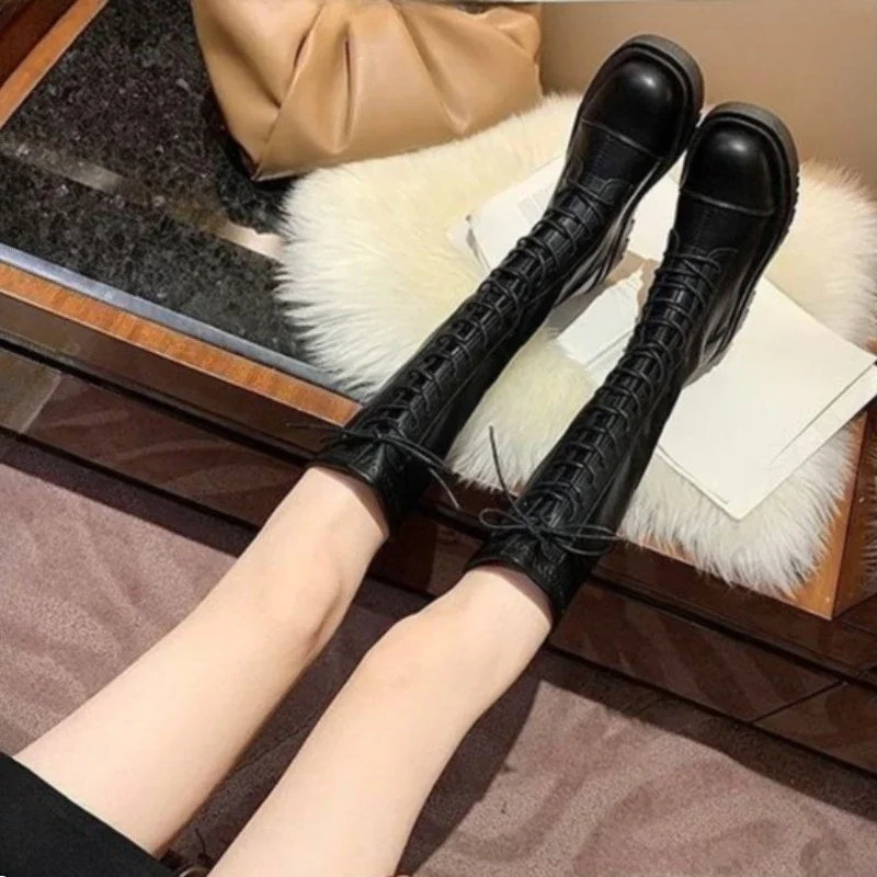 Women's Black Lace-Up Below Knee Boots Platform Height Increasing Tall Knight Shoes COS Style
