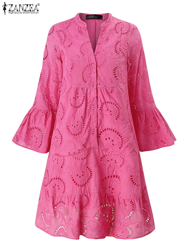 ZANZEA Women Bell Sleeves Tunic Dress Holiday Stand Collar Tiered Elegant Knee-Length Dress Openwork Embroidered Casual Vestidos