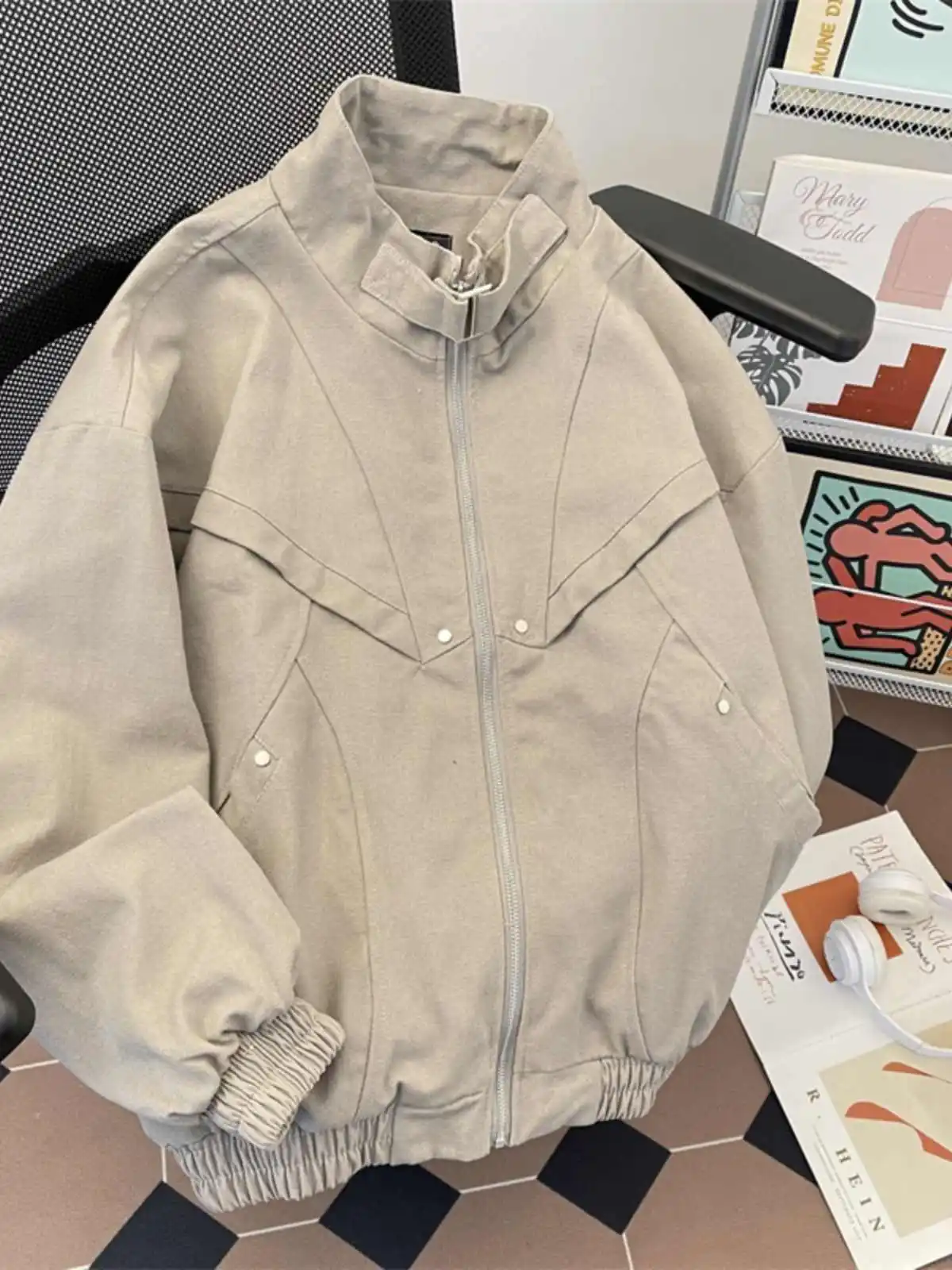 

Women Grey Bomber Jacket Long Sleeve Turtleneck Coat Vintage Harajuku Streetwear 2000s Y2k Outerwear Tops Clothes Autumn Winter